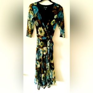 Connected Apparel Women floral print raffled wrapped quarter sleeves dress.